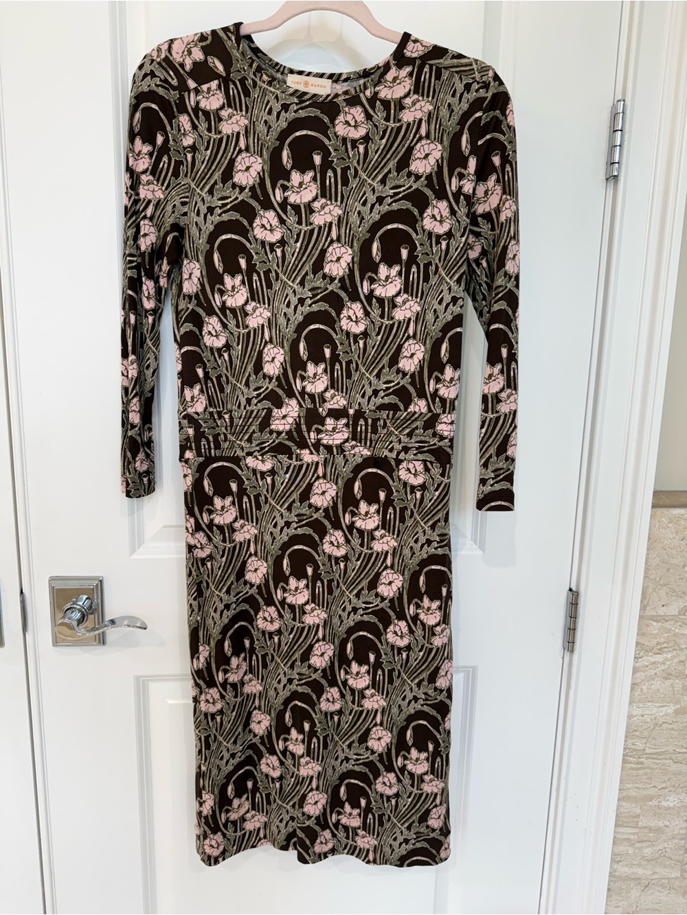 Tory Burch Floral Print Long Sleeve Midi Dress in Brown and Pink